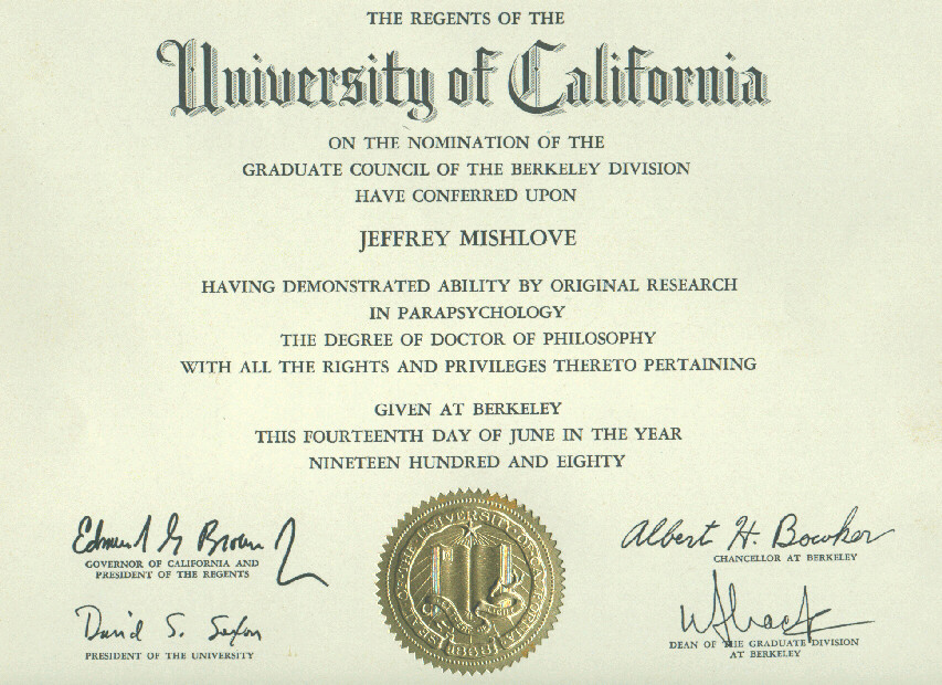 Jeffrey Mishlove s Doctoral Diploma In Parapsychology 